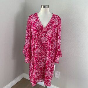 NEW Calvin Klein Womens Plus‎ 18W Pink White Floral V Neck Dress Bell Sleeve